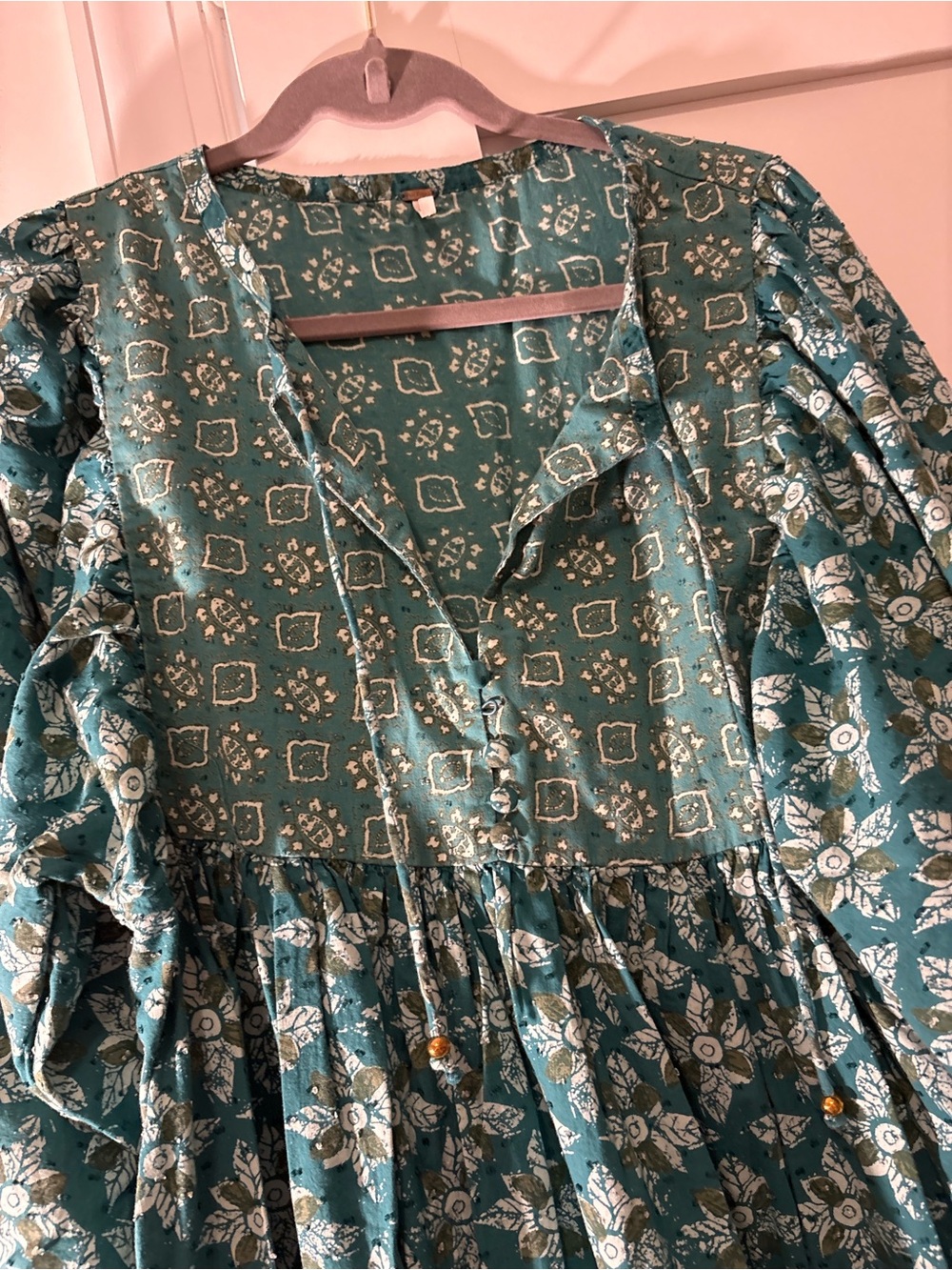 Free People Green/Teal Floral Maxi Dress with Puff Sleeves - Picture 3 of 9